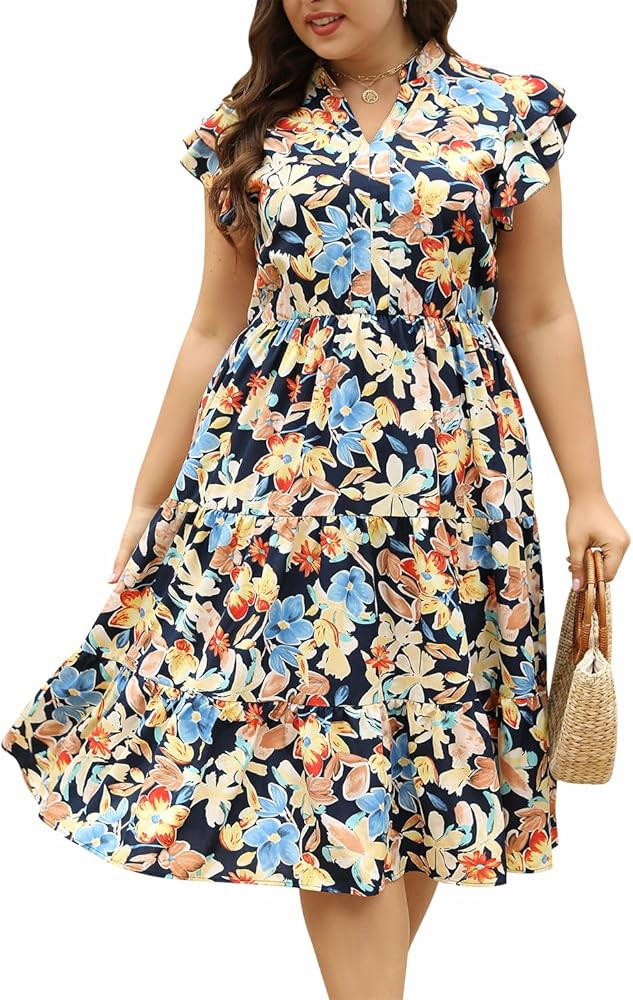 Keluummi Plus Size Wedding Guest Midi Dress for Curvy Women, Summer Casual Boho Floral Graduation... | Amazon (US)