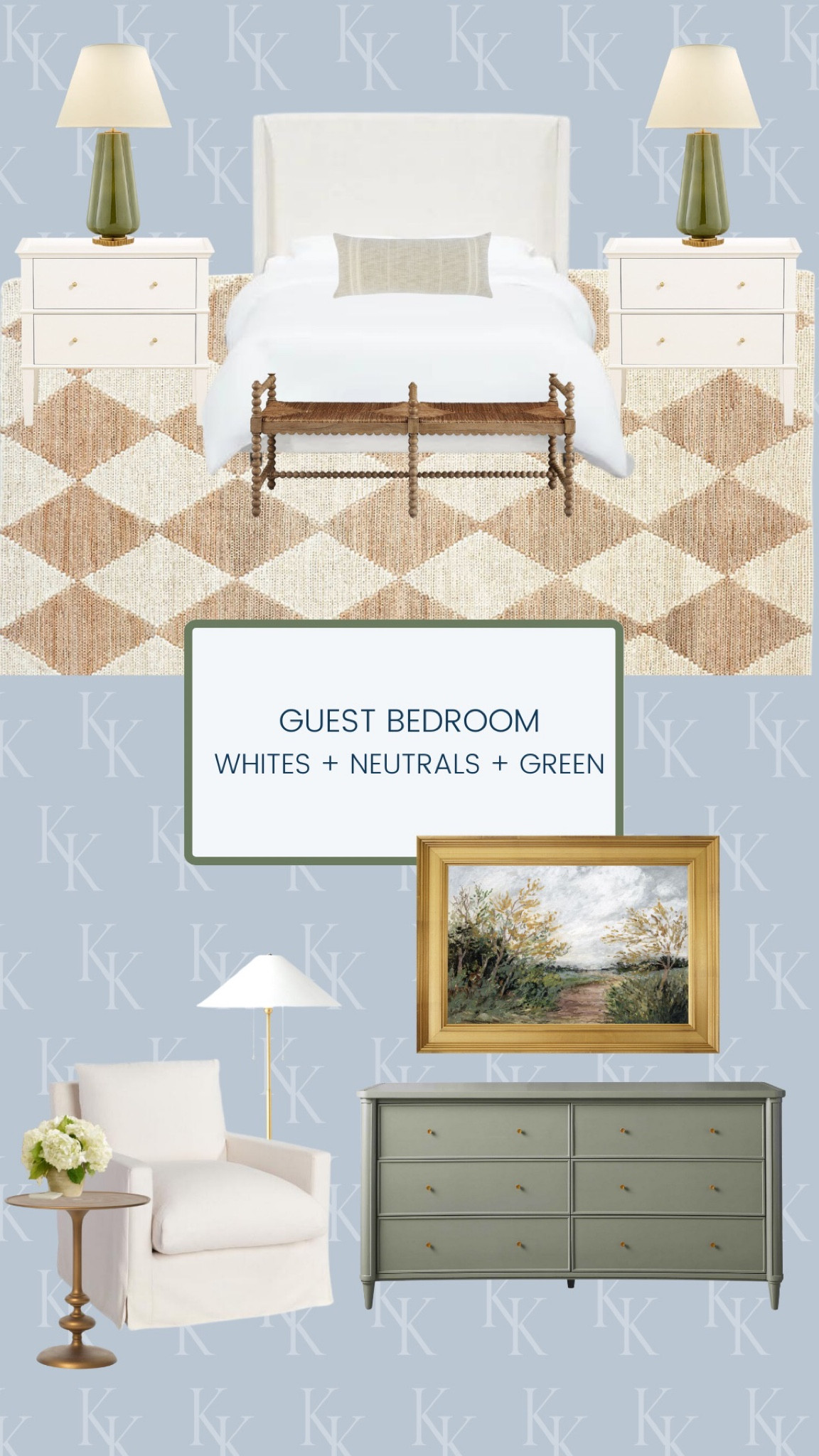 Guest bedroom, upholstered bed, checkered rug, white nightstands, green dresser, lounge chair, Target lamp, brass side table, juniper art, bedding 

#LTKFind #LTKhome #LTKstyletip