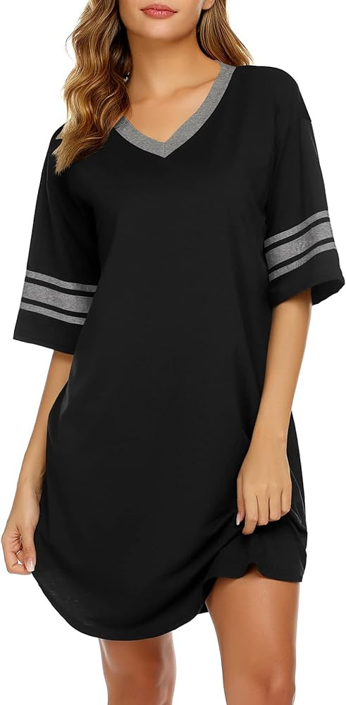 Ekouaer Womens Nightgown Cotton Sleepwear Short Sleeve Sleep Shirt V Neck Color Block Nightshirt | Amazon (US)