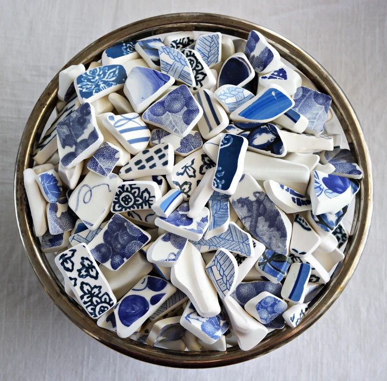 Blue White TUMBLED POTTERY - 12 PIECES - Size 0.5" to 2.5" - Faux Sea Pottery - Curved Footers Ri... | Etsy (Global)