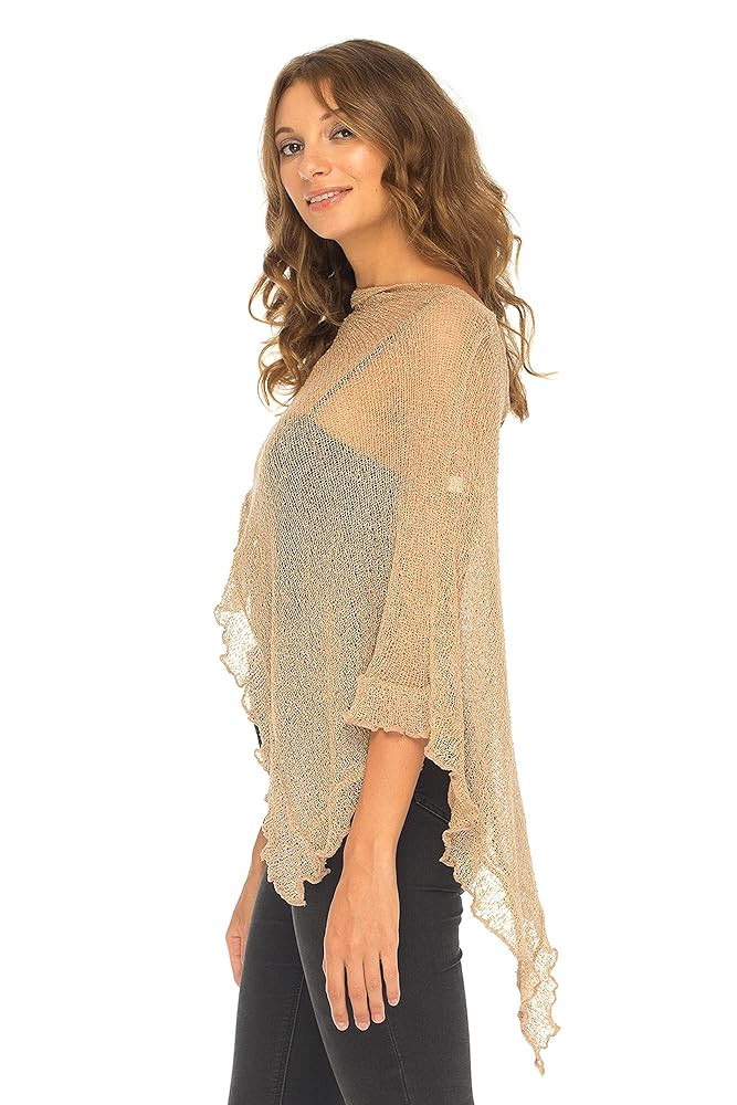 SHU-SHI Womens Sheer Poncho Shrug Lightweight Knit Ruffle Pullover Sweater Top | Amazon (US)
