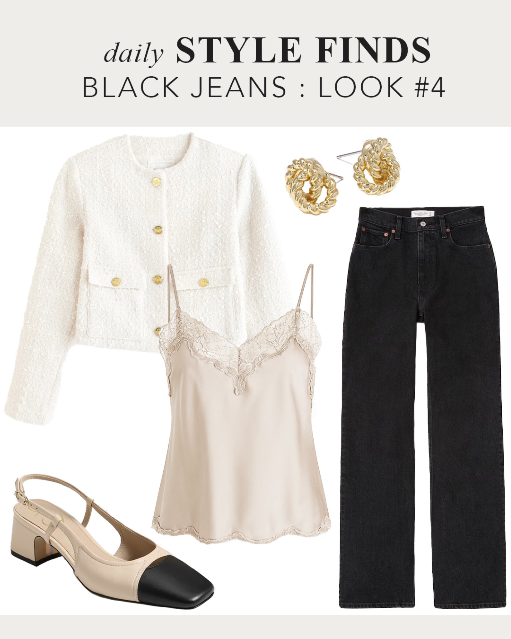 How to style black jeans for fall: with a white boucle gold button Chanel-like jacket and lace camisole and block heel flats. #blackjeans #fallstyle #over40style #fashion #outfitguide #classystyle 

#LTKstyletip #LTKSale #LTKfindsunder100