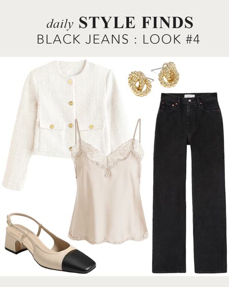 How to style black jeans for fall: with a white boucle gold button Chanel-like jacket and lace camisole and block heel flats. #blackjeans #fallstyle #over40style #fashion #outfitguide #classystyle 

#LTKstyletip #LTKSale #LTKfindsunder100
