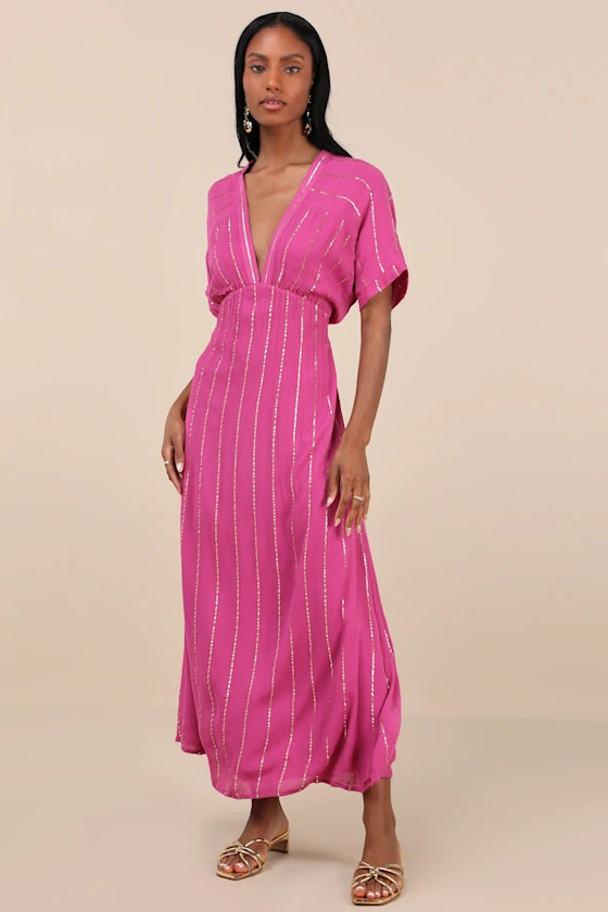 Goddess Vibes Magenta Gold Striped Dolman Sleeve Maxi Dress | Lulus