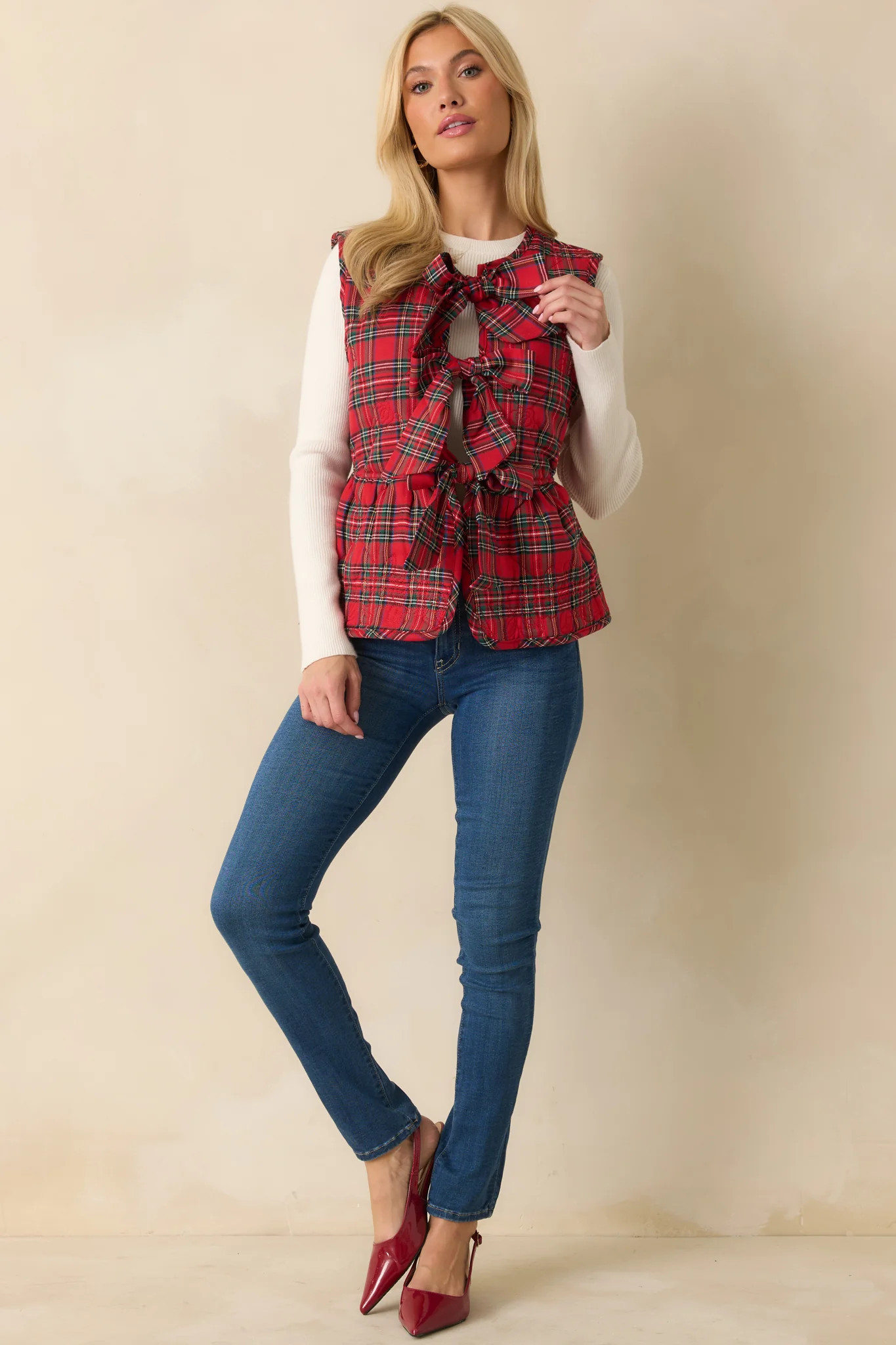 Perfectly Gifted Red Plaid Three Bow Vest | Red Dress