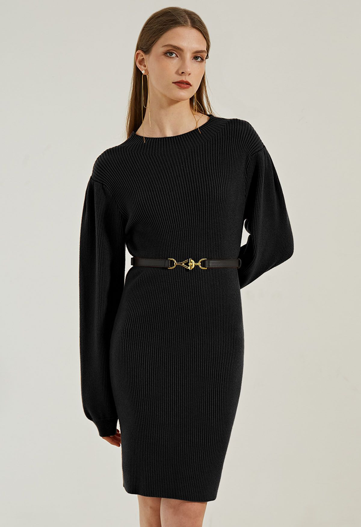 Lantern Sleeve Round Neck Ribbed Sweater Dress in Black | Chicwish