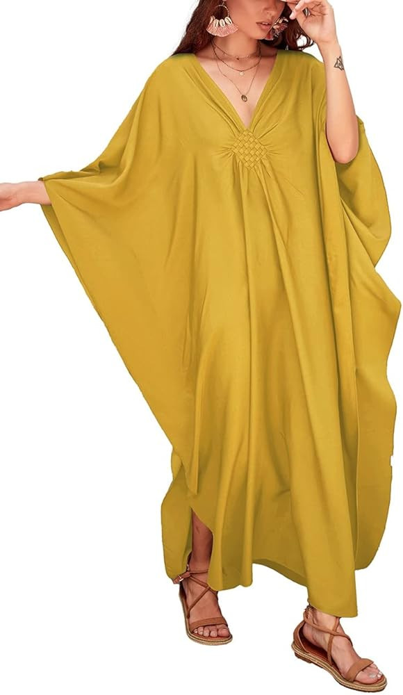 Bsubseach Women Solid Color Cover Up V Neck Batwing Sleeve Plus Size Beach Kaftan Dresses | Amazon (US)