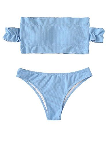 SweatyRocks Women's Sexy Bikini Set Solid Color Off Shoulder Bandeau Two Piece Swimsuit Blue S | Amazon (US)