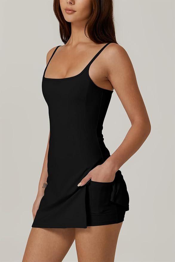 QINSEN Womens Spaghetti Strap Tennis Dress with Shorts Workout Side Slit Active Golf Dresses | Amazon (US)