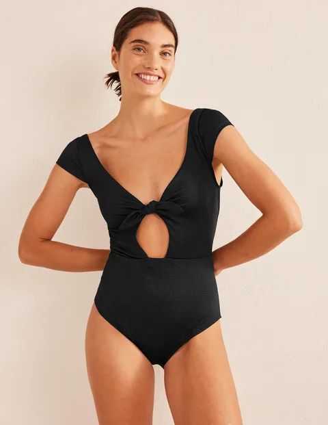 Cap Sleeve Tie Swimsuit - Black Seersucker Texture | Boden US | Boden (US)