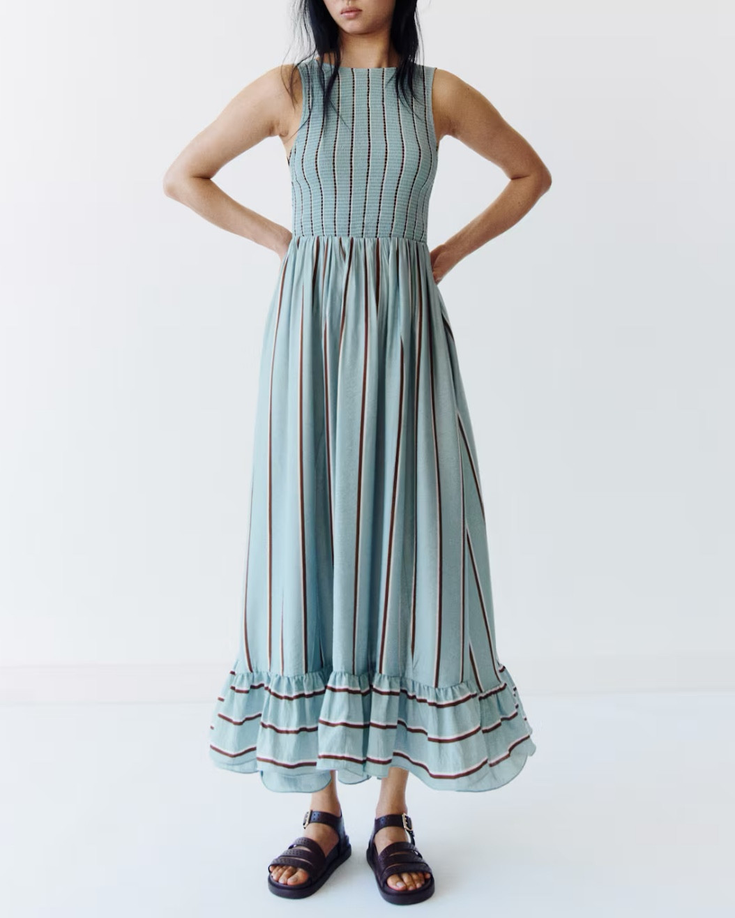 Blue striped ruffle hem midi dress 

#LTKSeasonal