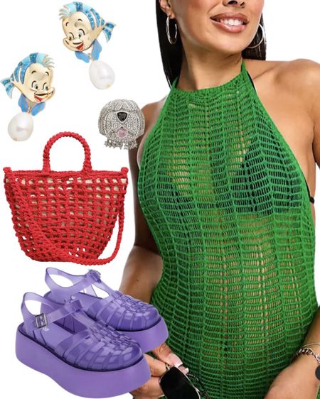 More mermaid content because I can’t resist whenever I see a beautiful green dress! Look at these colors! #thelittlemermaid #disney #disneyparksoutfit #disneyland #disneyoutfit #disneystyle #disneybound #littlemermaidmovie #beachoutfit #vacationoutfit #pooloutfit #jellysandals #meshdress #flounderearrings #baublebar #disneybaublebar 