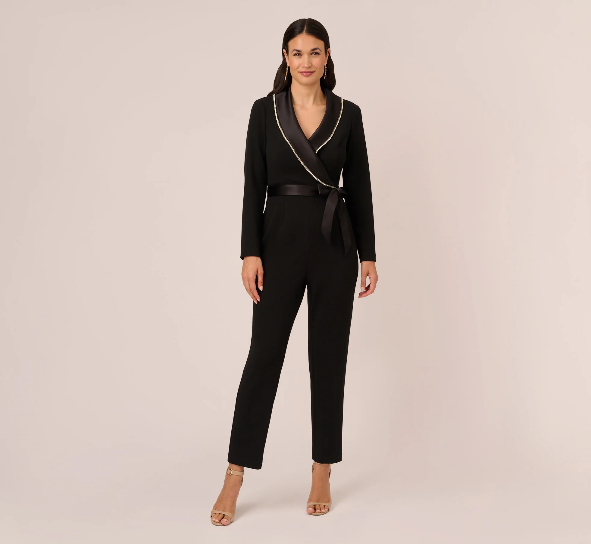 Long Sleeve Tuxedo Jumpsuit With Crystal Trim In Black | Adrianna Papell