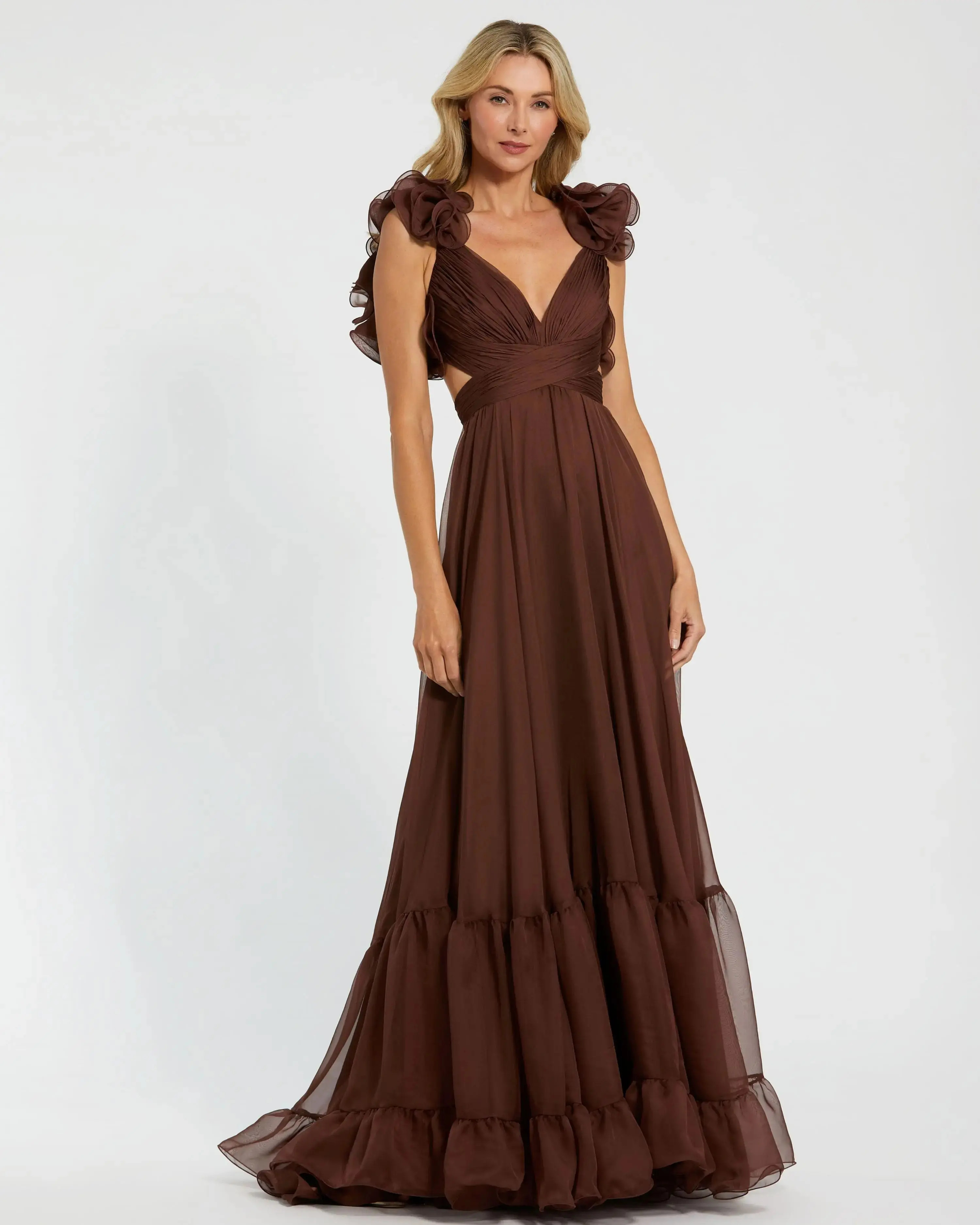 Brown Ruffle Tiered Cut-Out Chiffon Gown - Mac Duggal | Mac Duggal