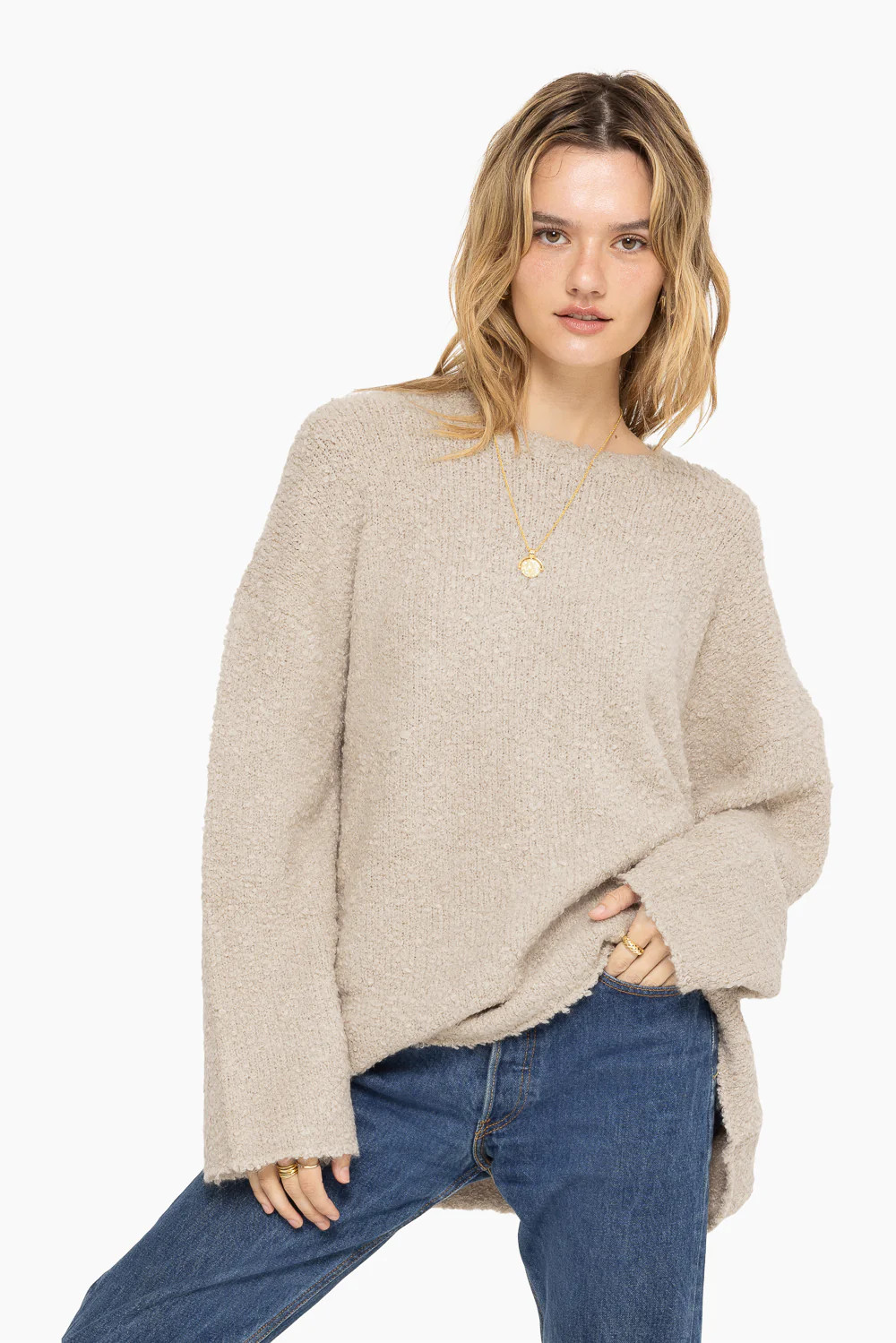 BOUCLÉ OVERSIZED CREWNECK SWEATER - OAT | SET Active