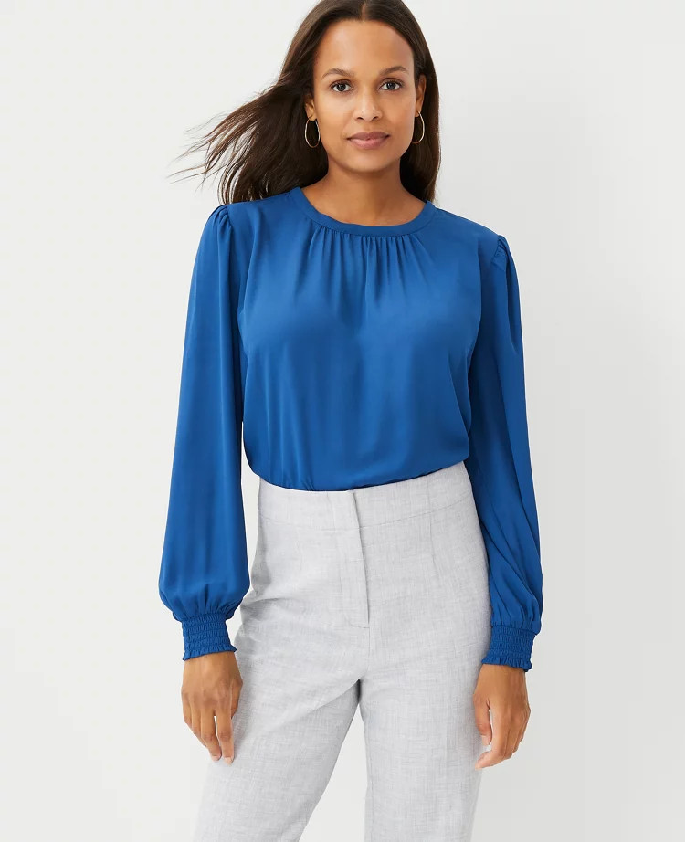 Mixed Media Pleat Neck Top | Ann Taylor (US)