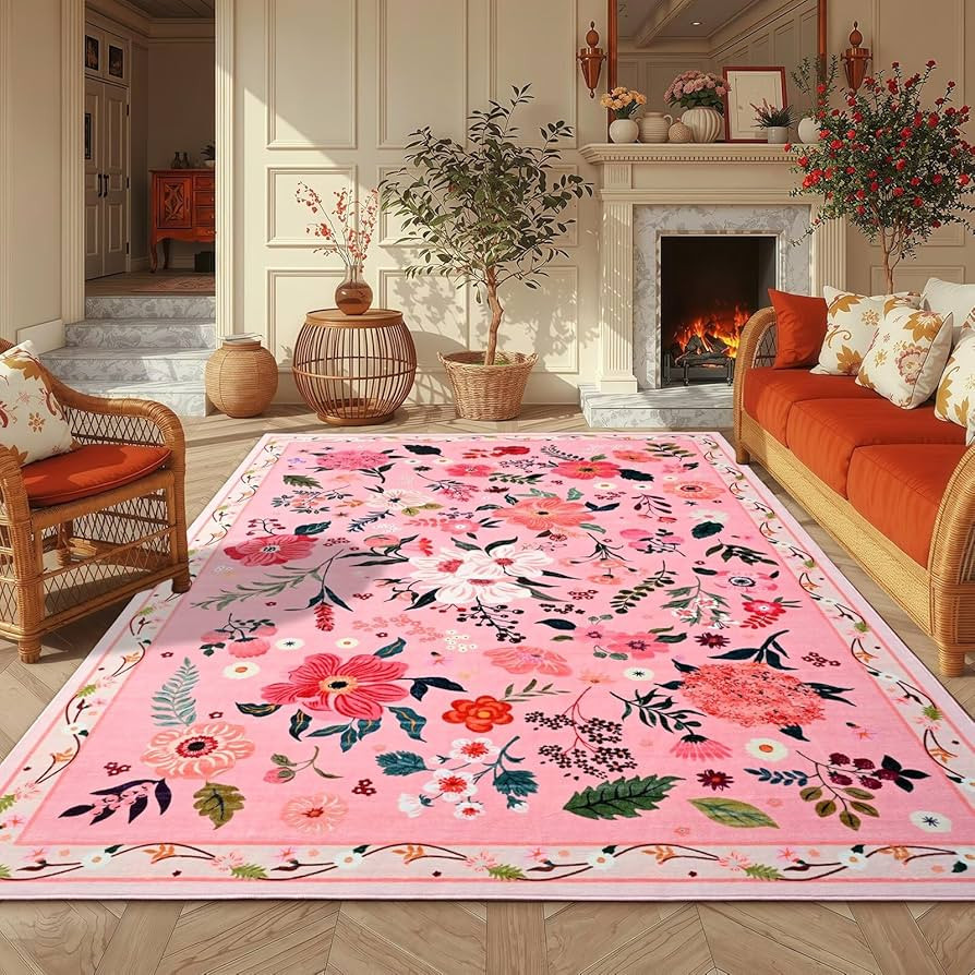 Macgace 5x7 Pink Floral Rug for Living Room, Machine Washable Area Rugs with Non Slip Backingfor ... | Amazon (US)
