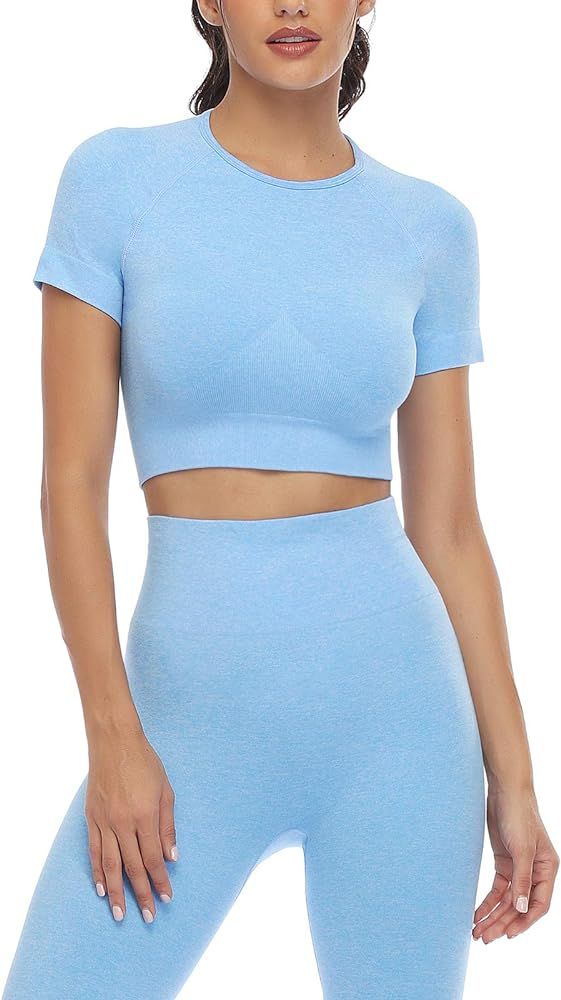 2 Piece Short Sleeve Outfits for Women Seamless Crop Tops Set for Women Workout Set | Amazon (US)