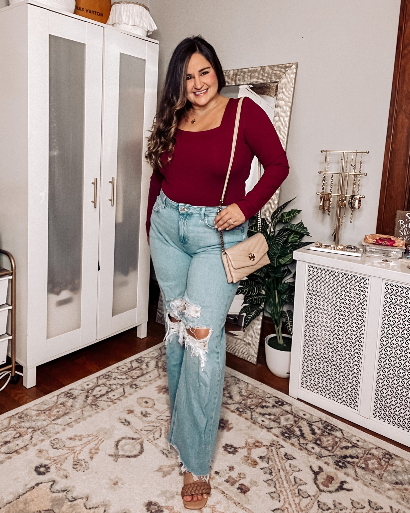 Wearing a size
XL in amazon bodysuit
XL in wide leg jeans
Nude heels are TTS

Casual outfit, date night outfit, red top, curvy denim

#LTKunder50 #LTKstyletip #LTKcurves