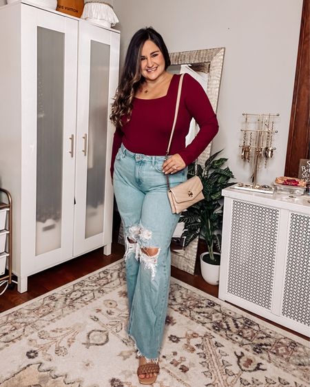 Wearing a size
XL in amazon bodysuit
XL in wide leg jeans
Nude heels are TTS

Casual outfit, date night outfit, red top, curvy denim

#LTKunder50 #LTKstyletip #LTKcurves