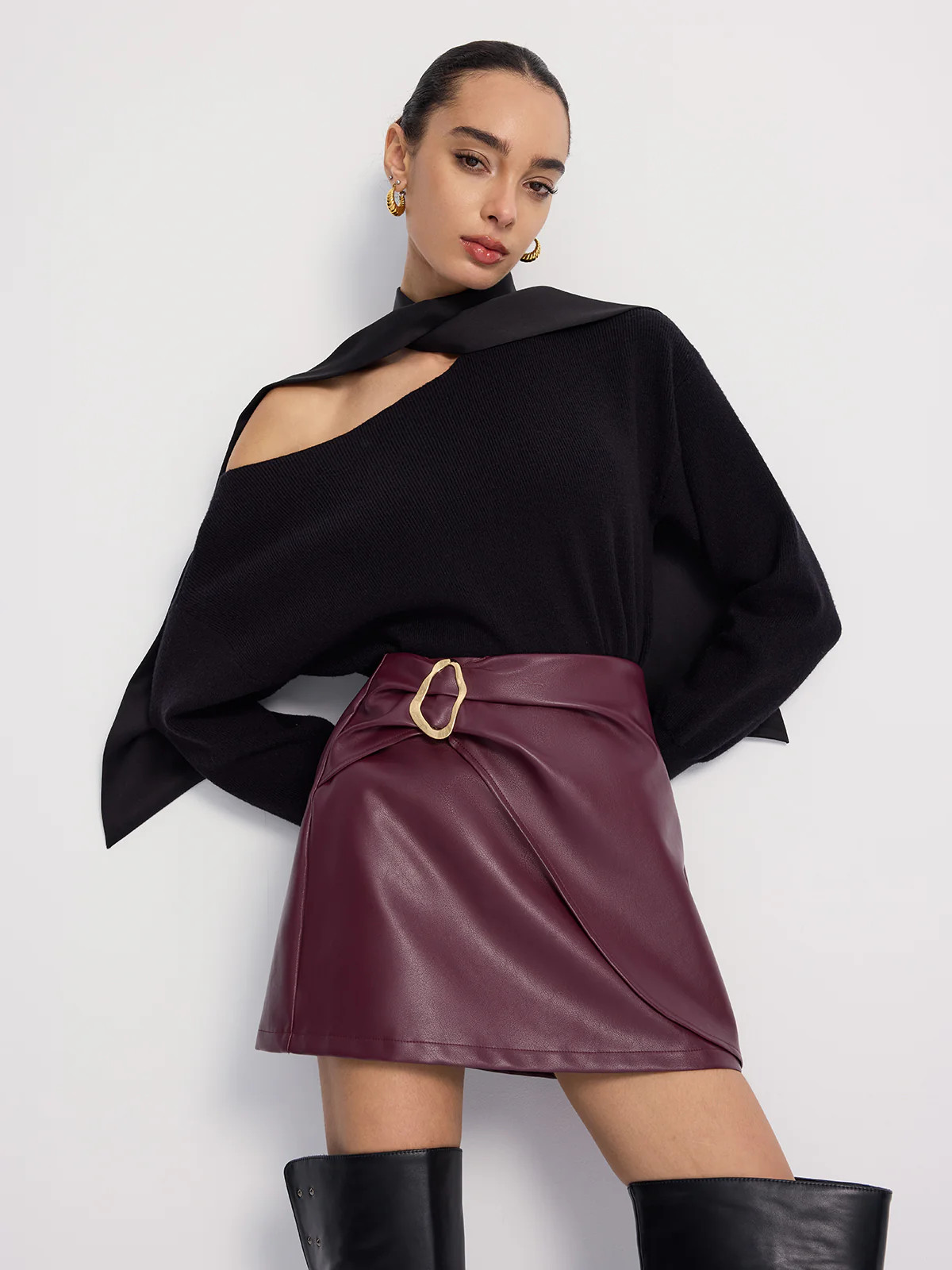 Metal-Detailed Faux Leather Wrap Mini Skirt | Commense