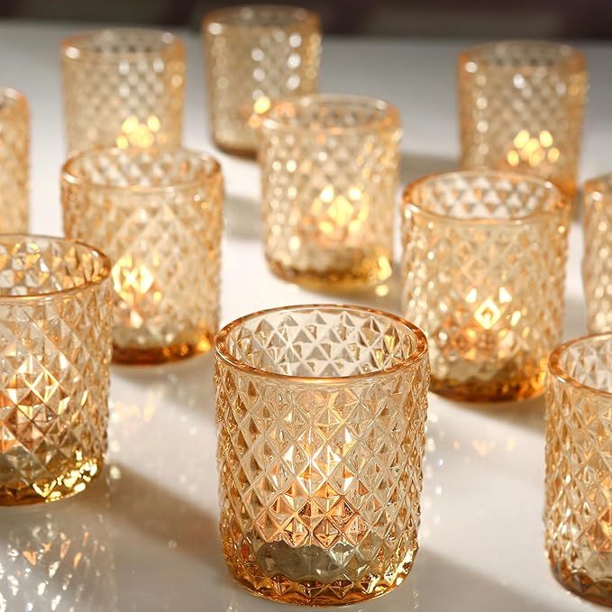 24 Packs Gold Votive Tealight Candle Holders - Glass Candle Holders for Table Wedding Centerpiece... | Amazon (US)