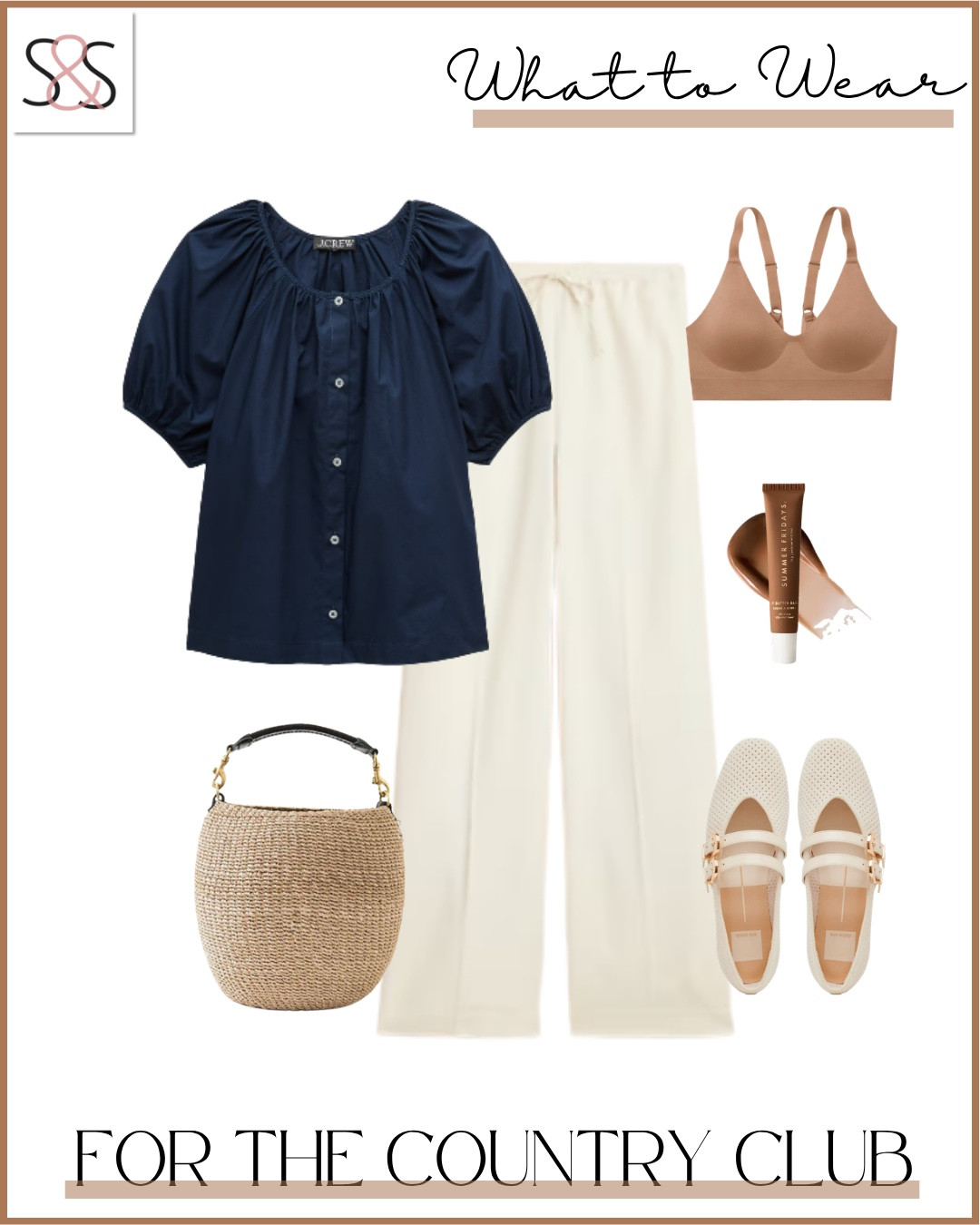 I'm obsessing over this navy blouse for every summer occasion.

country club outfit summer blouse navy top cream pants neutral outfit preppy style casual elegant wicker bag flat shoes

#LTKSeasonal #LTKOver40 #LTKootd