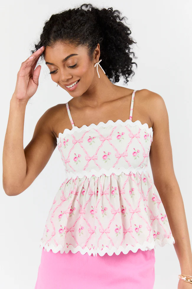Heartfelt Moment Pink Bow Floral Printed Rick Rack Trim Tank | Pink Lily