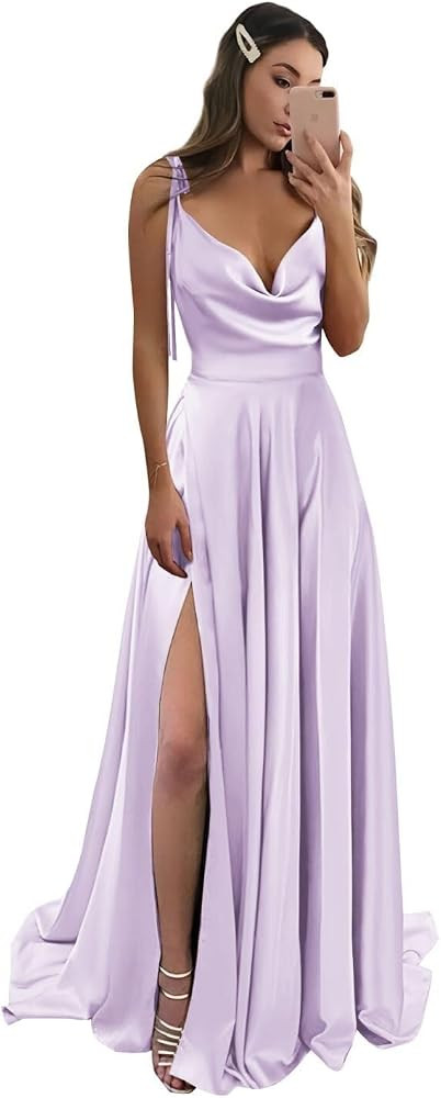 IIF Women's Satin Bridesmaid Dresses with Slit Spaghetti Strap Formal Dress A Line Prom Evening G... | Amazon (US)