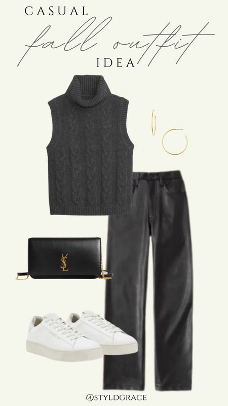 Casual fall outfit idea 

Top: Gap
Pants: A&F
Bag: YSL
Shoes: Gucci 

Leather pants outfit, date night outfit, fall outfit, leather pants inspo, sweater outfit, sweater weather outfit, chic fall outfit, mom outfit, mom style, chic mom style 