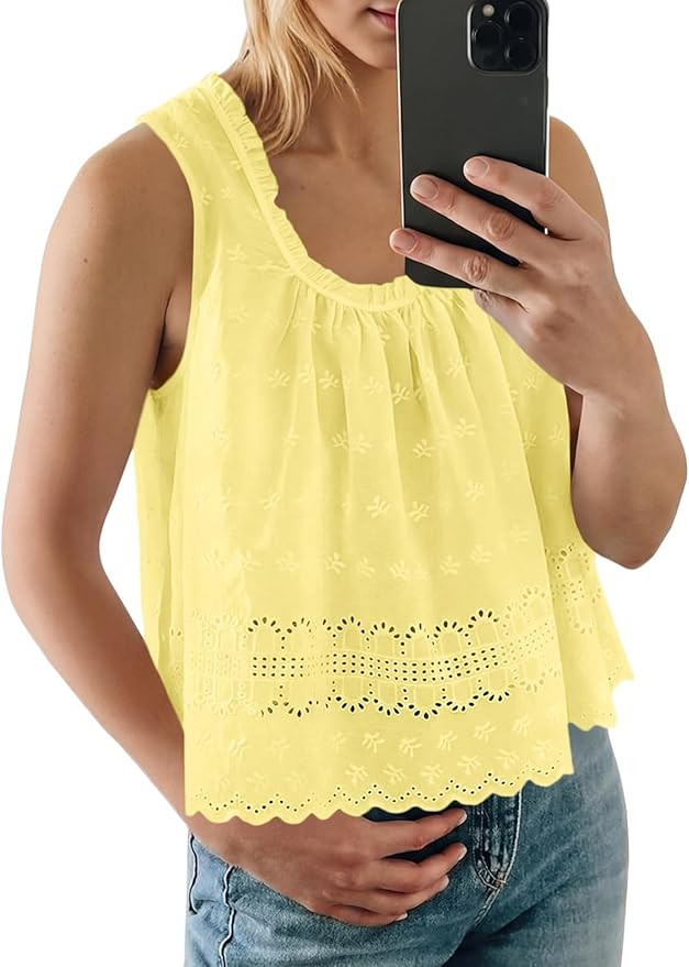 Tankaneo Womens Eyelet Babydoll Tank Top Summer Embroidered Floral Scoop Neck Tops Sleeveless Cas... | Amazon (US)