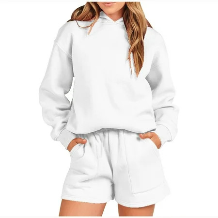 ZAZYULZ Women Solid Color 2 Piece Outfits Hoodie Short Set Oversized Sweatshirt Shorts Sweatsuit Pullover Fashion Casual Shorts Set(White Xl) | Walmart (US)