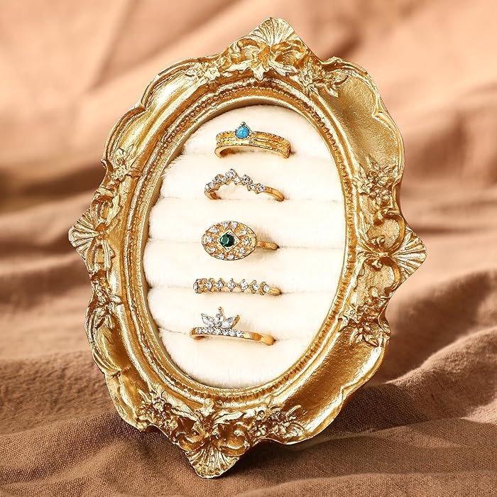 Vintage Ring Holder Oval Gold Ring Wedding Display Suede Jewelry Box Stand Frame Earring Tray Ann... | Amazon (US)