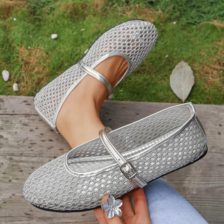 Lenago Mesh Ballet Flats for Women Mesh Flats Buckle Strap Mary Jane Ballerina Flats Slip On Casu... | Walmart (US)