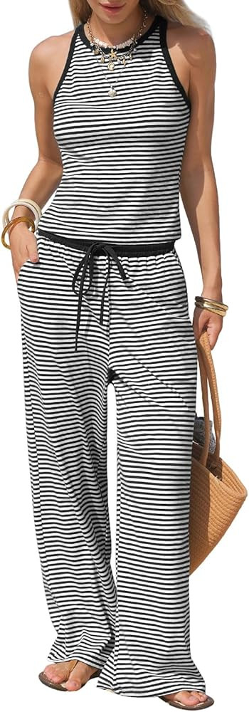 EXLURA Womens Cotton Summer 2 Piece Outfits Striped Halter Tops Matching Wide Leg Pant Sets Loung... | Amazon (US)
