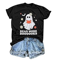 Halloween Shirts for Women Read More Books Shirt Spooky Teacher T-Shirt Party Tee Tops | Amazon (US)