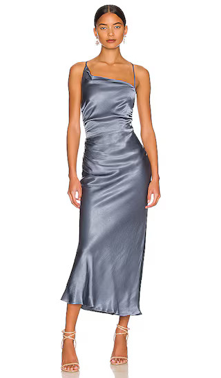 La Lune Asymmetrical Bias Cowl Midi Dress in Blue Smoke | Revolve Clothing (Global)