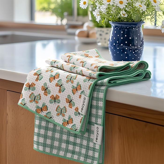 RECYCO Waffle Kitchen Towel Set of 2 Microfiber Dish Towels Hand Towels 16"x 28" | Amazon (US)