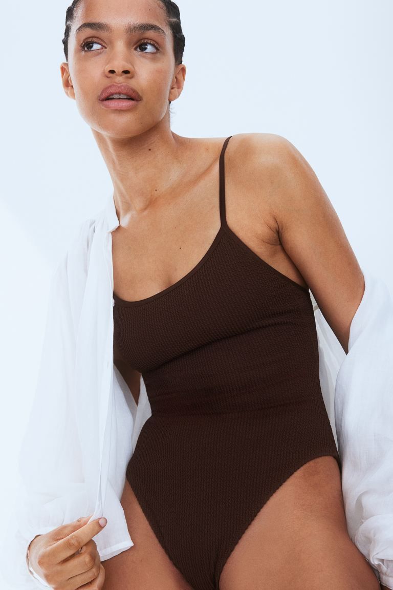 Padded-cup High-leg Swimsuit - Sleeveless - Dark brown - Ladies | H&M US | H&M (US + CA)