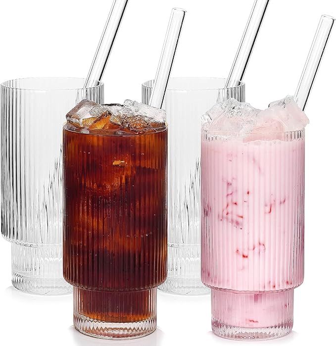 Ribbed Glassware Set of 4, 14oz Ribbed Glass Cups with Glass Straw, Ribbed Juice Glass Fluted Gla... | Amazon (US)