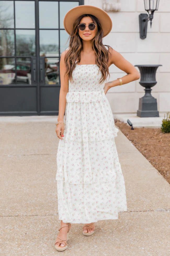 She's Breathless Floral Smocked Midi Ivory Dress | The Pink Lily Boutique