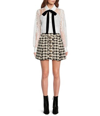 Poplin Point Collar Bow Tie Neck Sheer Illusion Lace Long Sleeve Button Front Shirttail Blouse | Dillard's