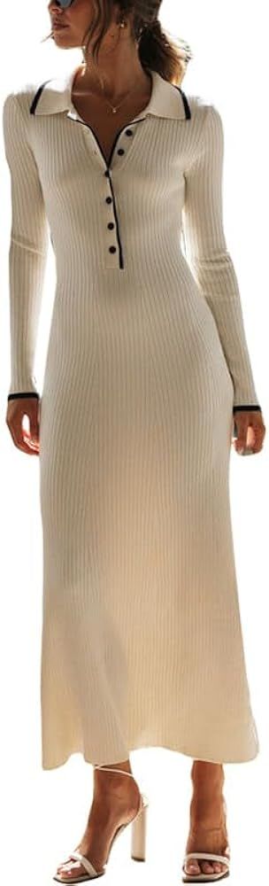 Juakoso Women Knitted Long Sleeve Maxi Dress Ribbed Knit Slim Fit Midi Dresses Crew Neck Bodycon ... | Amazon (US)