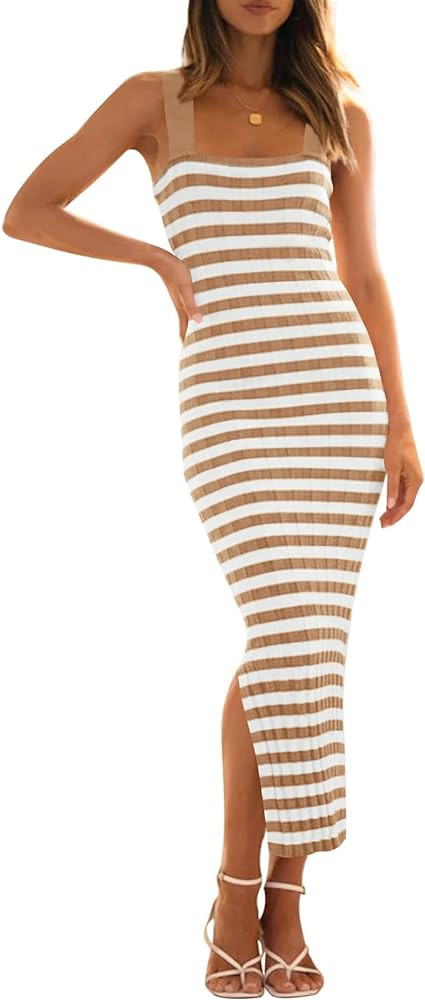 Amazon.com: MEROKEETY Women's Sleeveless Striped Knit Bodycon Midi Dress Square Neck Side Slit Ta... | Amazon (US)