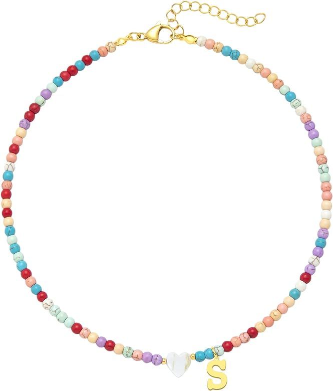 Gold Colorful Initial Beaded Necklace for Women Handmade Girls Colorful Beaded Initial Stainless ... | Amazon (US)