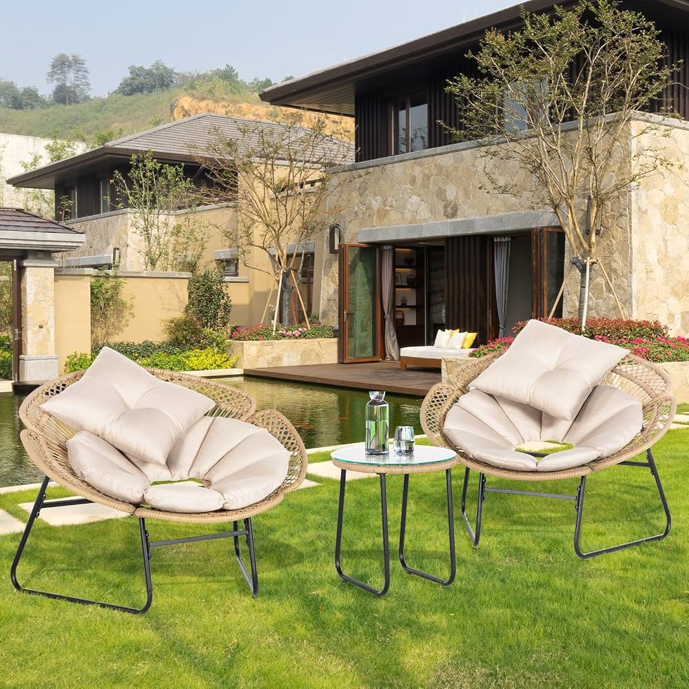 3 Pieces Rattan Bistro Set, Flower-Shaped Wicker Patio Furniture Set with Cushion & Pillow, Bistr... | Amazon (US)