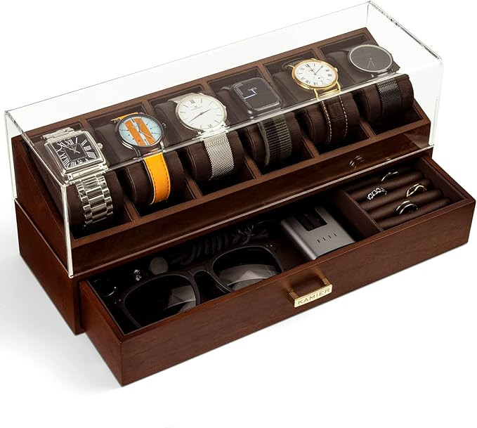 KAMIER Watch Box Case Organizer Display for Men,Two-Tier Wooden Watch Box Organizer For Men with ... | Amazon (US)