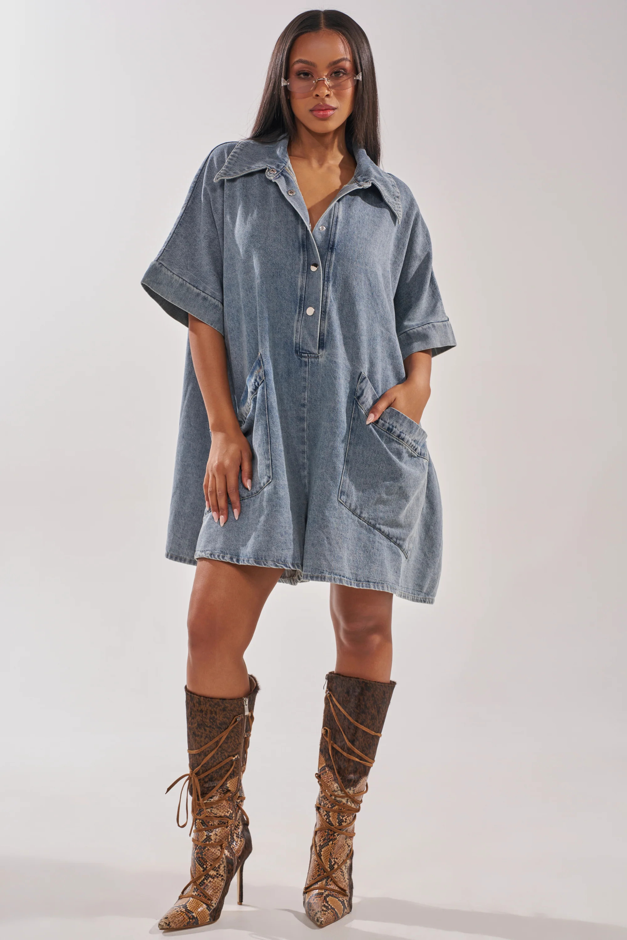 MELODY COLLARED DENIM ROMPER | AKIRA