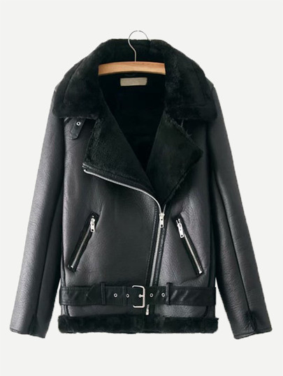 Faux Leather Zipper Front Contrast Faux Fur Jacket | SHEIN