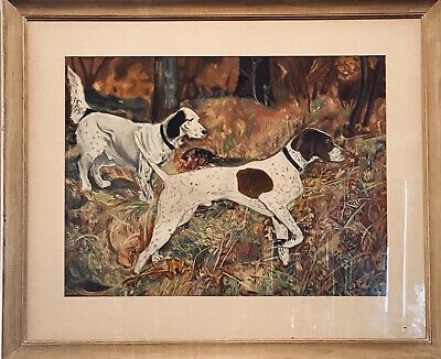 Vtg Oil Pastel Hunting Dogs in Autumn Woods Landscape Painting Matted-Framed 33” | eBay US